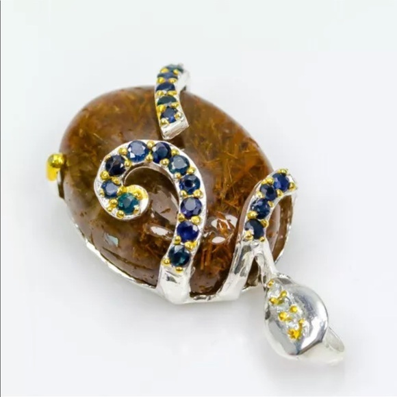 Rutilated quartz, Sapphire 925 artisan pendant - Picture 3 of 6